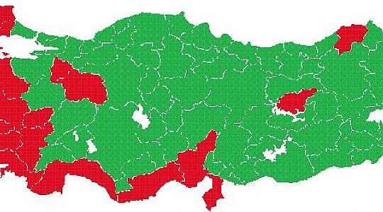 Verteilung der Wahlergebnisse nach Provinzen: Grün - "Zustimmung" / Rot - "Ablehnung" <br/>Grafik von AxG